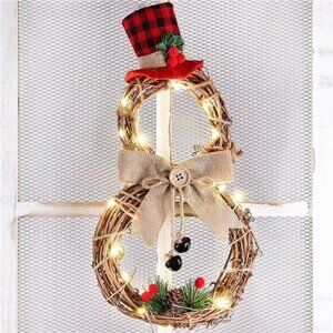 16 x 8 Inch Lighted Christmas Wreath Decoration, Grapevine Wreath with Hat & Bow